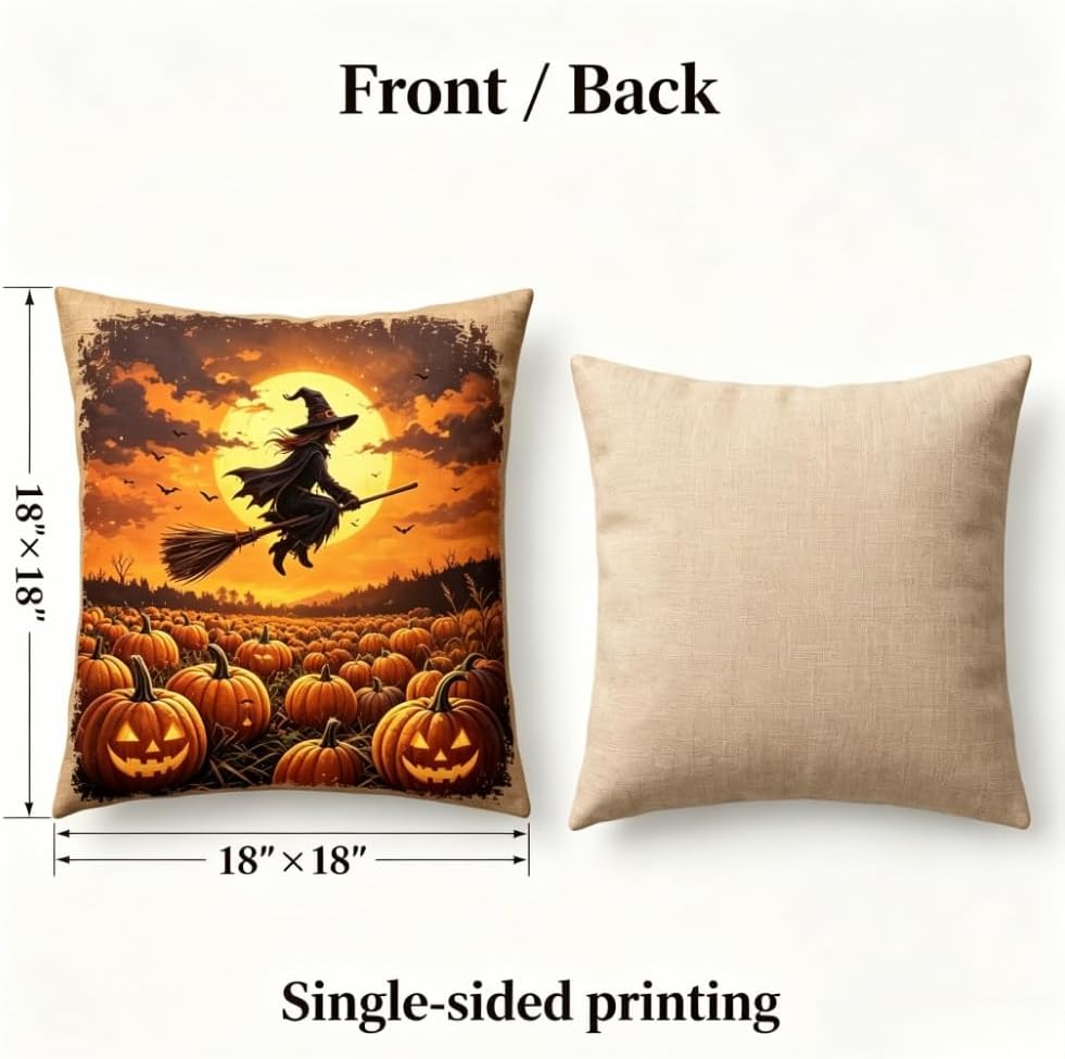 Halloween Throw Pillow Covers, 18x18 Inch, Witch and Skeleton Pumpkin Design - Image 2