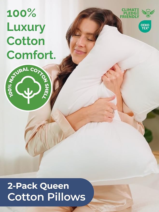 Bed Pillows Queen Size Set of 2 - 100% Cotton Breathable Cover - Premium Down Alternative for Side Sleepers, Back or Stomach - Soft Luxury Hotel Quality Pillows - Comfy, Cozy & Plush - Oeko-Tex, White