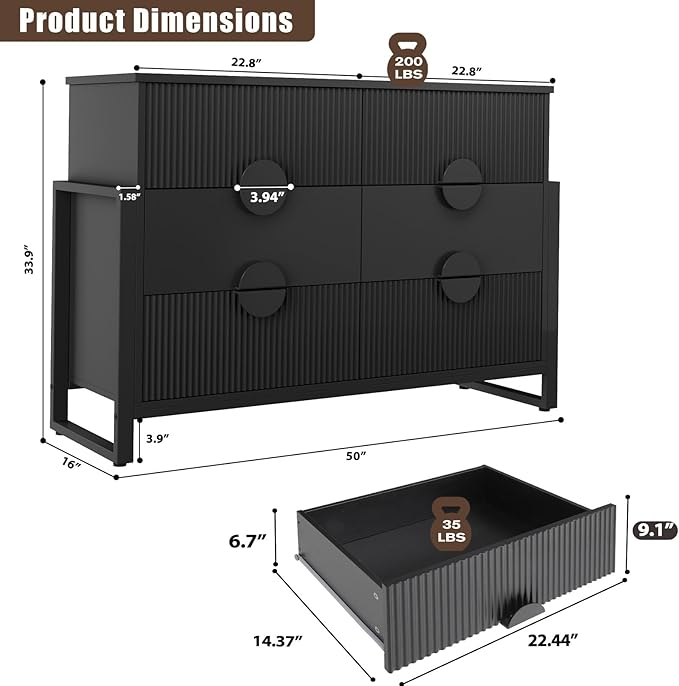 LGHM Fluted Dresser for Bedroom with 6 Drawers, Modern 6 Drawers Dressers with Semicylinder Fluted, Solid Chest of Drawers, 50" W Dresser with Bold Steel Frame, Metal Handles, Black