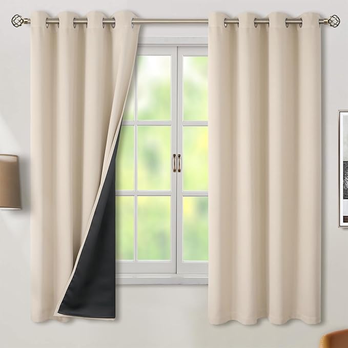 BGment Thermal Insulated 100% Blackout Curtains 63 Inch Length 2 Panels, Total Light Blocking Curtains for Bedroom, Grommet Window Drapes with Thick Black Liner, 52 Inch Wide Each Panel, Champagne