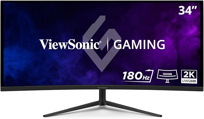 ViewSonic VX3418C-2K 34 Inch UltraWide QHD 1440p Curved Gaming Monitor with 180Hz, 1ms, 21:9, Advanced Ergonomics, FreeSync Premium, HDR10, HDMI, and DisplayPort Inputs