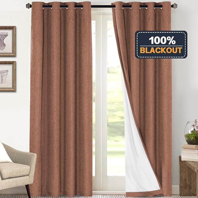 PrinceDeco 100% Blackout Curtains 108 Inches Long 2 Panels Set Full Black Out Curtain Thermal Insulated with White Liner Anti-Rust Grommet Curtains & Drapes Luxury Decor for Living Room,Washed Spice