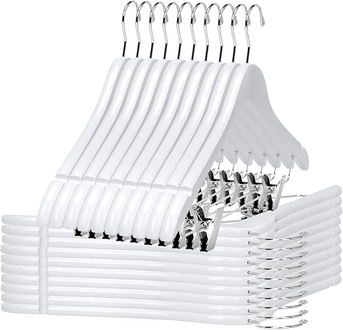 Quality Wooden Skirt Hangers with Clips, 20-Pack Semi Curved, Smooth Solid Wood Pants Hangers with Durable Adjustable Metal Clips, Swivel Hook, Coat, Jacket, Blouse Suit Hangers (White, 20)