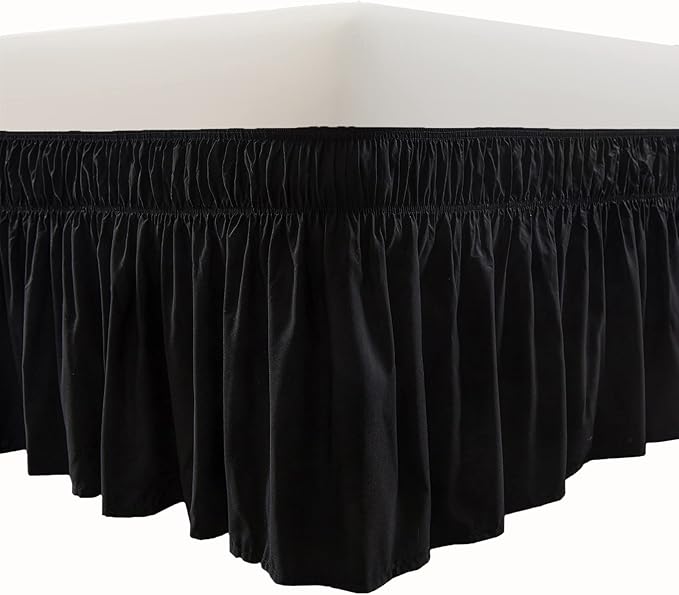 MEILA Wrap Around Bed Skirt Three Fabric Sides Elastic Dust Ruffled 18 Inch Tailored Drop,Easy to Install Fade Resistant-Black, Twin/Full