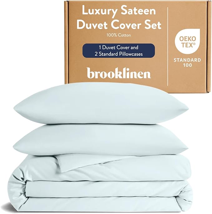 Brooklinen Luxury Sateen Duvet Cover Set - 100% Cotton, Full/Queen Size in Sky - Includes 1 Duvet Cover and 2 Standard Pillowcases - Best Full/Queen Duvet Covers