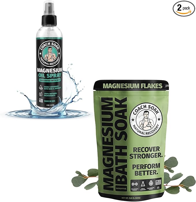 Coach Soak Eucalyptus Recovery Bath Soak & Magnesium Oil Spray with MSM - Fast-Absorbing Bath Salts with Dead Sea Minerals & Essential Oil, Plus 8oz Topical Spray for Muscles & Joints