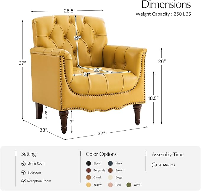 HULALA HOME Mid Century Modern Leather Club Chairs, Top-Grain Genuine Leather Armchairs with Button-Tufted Back & Solid Wood Legs, Accent Chairs for Living Room/Bedroom/Home Office, Yellow