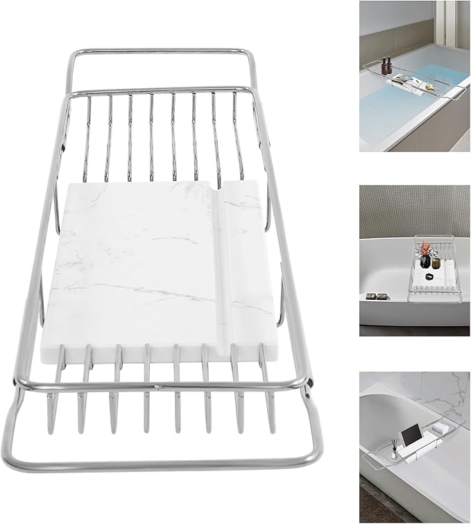 Bathtub Tray & Bathtub Caddy, Expandable Stainless Steel Bath Tub Table with Reading Holder, Adjustable Over The Tub Tray for Bathroom Accessories and Organization