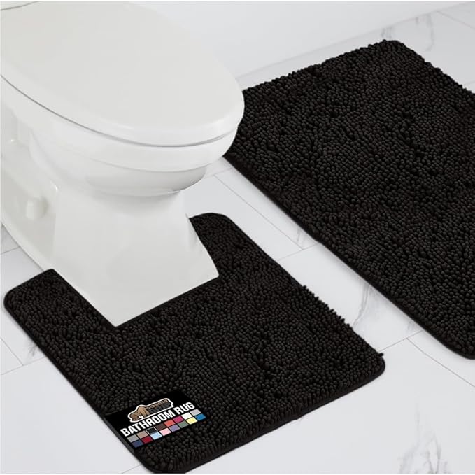 GORILLA GRIP Bathroom Rug Sets, Soft Chenille 2 Piece Area Rugs Set, Toilet Base Mat and 30x20 Carpet, Absorbent Microfiber Washable Mats Dry Quickly, Home Décor and Bath Room Accessories, Black