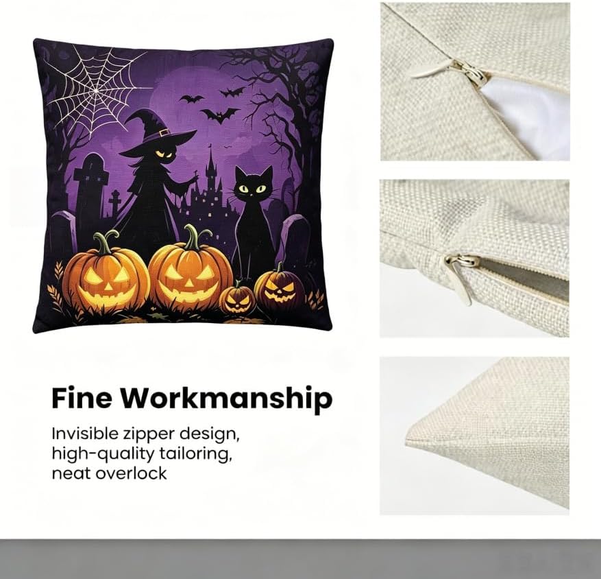Halloween Throw Pillow Covers, Witch Pumpkin Bat Spider Web, 18x18 Inch - Image 3