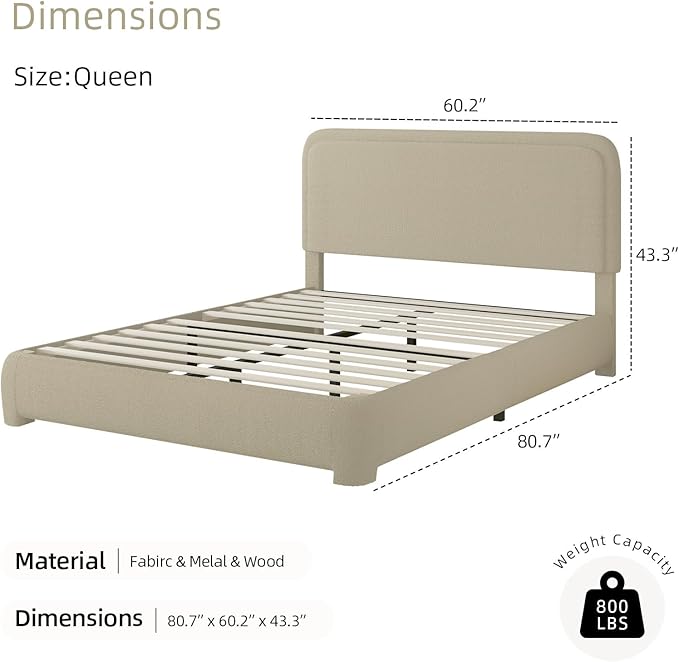 BarnFurin Queen Bed Frame with Headboard, Boucle Upholstered Platform Bed Frame, Luxurious Soft Rounded Corners, No Box Spring Required, Easy Assembly, Beige