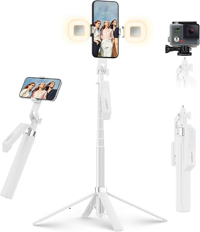 71" Selfie Stick Tripod with Wireless Remote & 2 Fill Lights, Tall Phone Tripod Stand with Quad-Leg Base, Aluminum Alloy White Stick for iPhone, Android, GoPro, Vlogging & Video