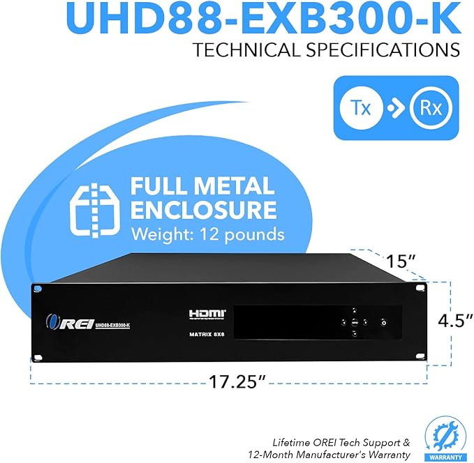 OREI 8X8 4K HDMI Matrix Switcher Extender - HDBaseT UltraHD 4K @ 60Hz 4:4:4 Over Single CAT5e/6/7 Cable with HDR, CEC & IR Control, RS-232 - Up to 400 Ft - Additional 8 Loop Out - 8 Receivers