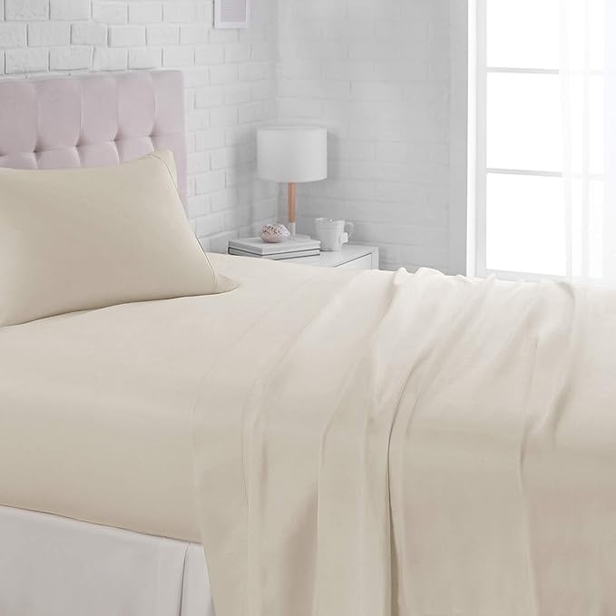 Amazon Basics Lightweight Super Soft Easy Care Wrinkle Free Microfiber 3 Piece Bed Sheet Set with 14-Inch Deep Pockets, Twin, Beige, Solid, Kids, Men & Women Bedding