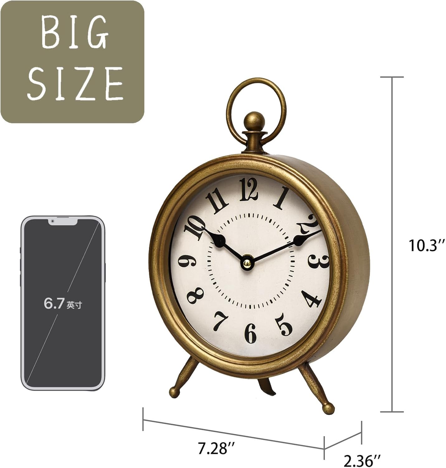 Vintage Table Clock on Stand, Decorative Desk and Shelf Clock Farmhouse Mantel Non-Ticking Clock Rustic Metal Frame with Antique Gold Finish