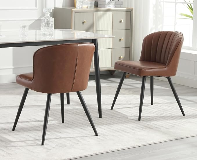 EALSON Modern Dining Chairs Set of 2 Leather Upholstered Accent Dining Room Chairs with Metal Legs Comfortable Armless Kitchen Chairs for Living Room/Dining Room, Brown