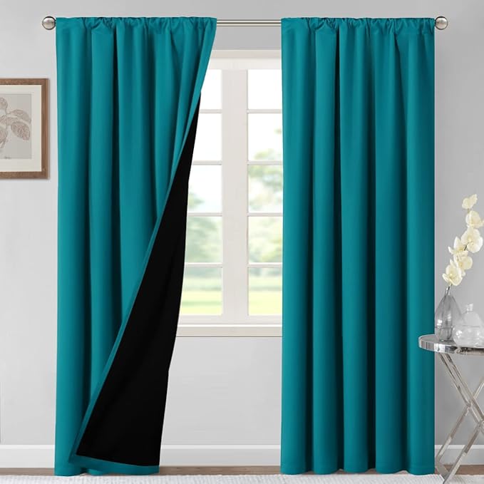 H.VERSAILTEX 100% Blackout Curtains for Bedroom Thermal Insulated Blackout Curtains 96 Inches Long Rod Pocket/Clip Rings Curtains for Living Room with Black Liner 2 Panels, Turquoise Blue