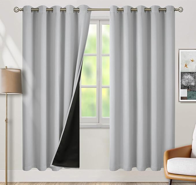 BGment Thermal Insulated 100% Blackout Curtains for Bedroom with Black Liner, Double Layer Full Room Darkening Noise Reducing Grommet Curtain (60 x 84 Inch, Light Grey, 2 Panels)
