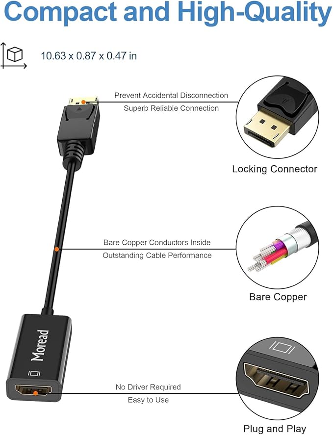 4K DisplayPort (DP) to HDMI Adapter, Uni-Directional Gold-Plated Display Port Computer to HDMI Screen Converter (Male to Female) Compatible with HP, Dell, Lenovo & More, Passive - Black