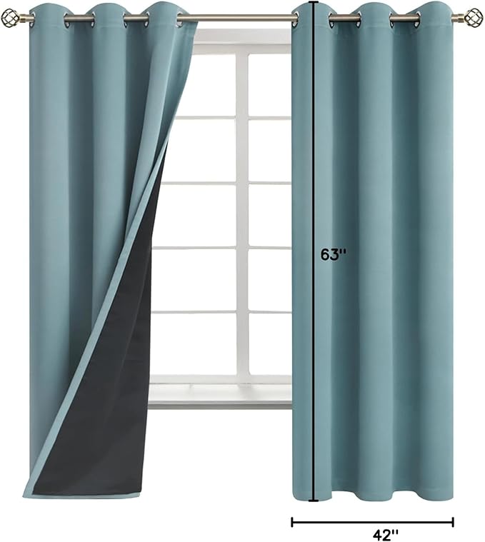 BGment Thermal Insulated 100% Blackout Curtains for Bedroom with Black Liner, Double Layer Full Room Darkening Noise Reducing Grommet Curtain (42 x 63 Inch, Greyish Blue, 2 Panels)