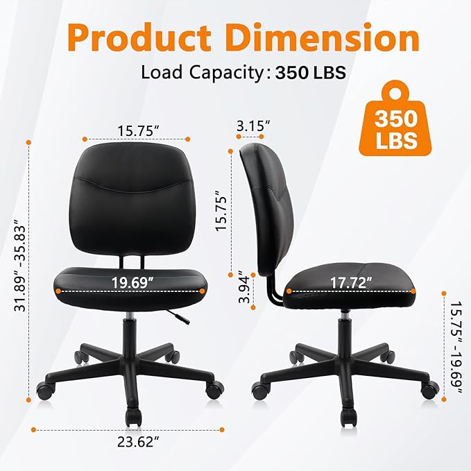 CLATINA Armless Home Office Chair, Small PU Leather Ergonomic Low Back Desk Chair with Lumbar Support and Wheels, Adjustable Height 360° Swivel Rolling Computer Task Chair, Black, 8 Pack
