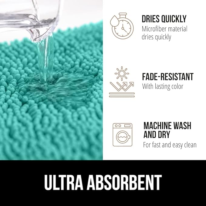 GORILLA GRIP Bath Rug Mat 36x24, Soft Absorbent Chenille, Quick Dry Microfiber Mats, Rubber Backing Washable Shower Floor Rugs, Bathmat Runner, US Designed Bathroom Home Decor Accessories Turquoise