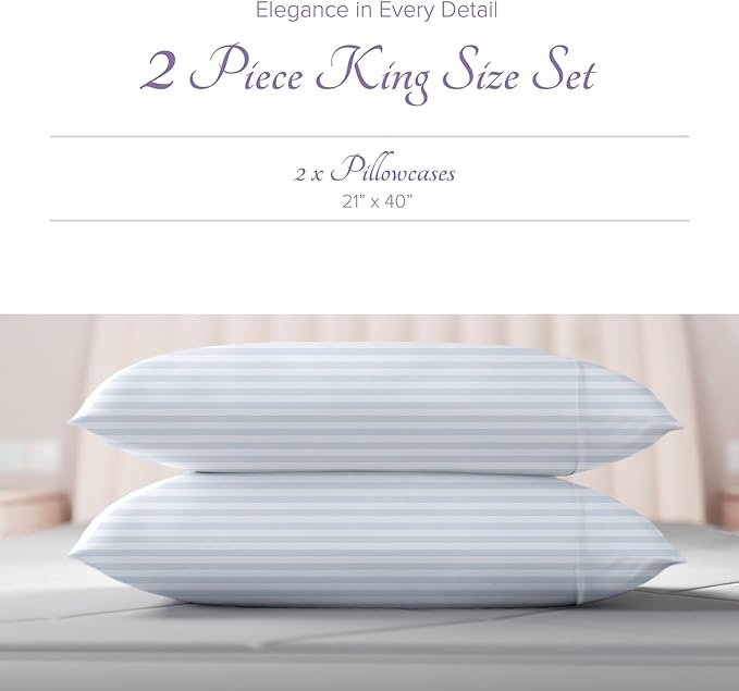 Carressa Linen 100% Egyptian Cotton King Size Pillow Cases Set of 2 - Luxury 600 Thread Count Stripe Light Blue King Pillowcases, Silky Soft, Cooling, Sateen Weave Hotel Quality Damask Pillow Cover