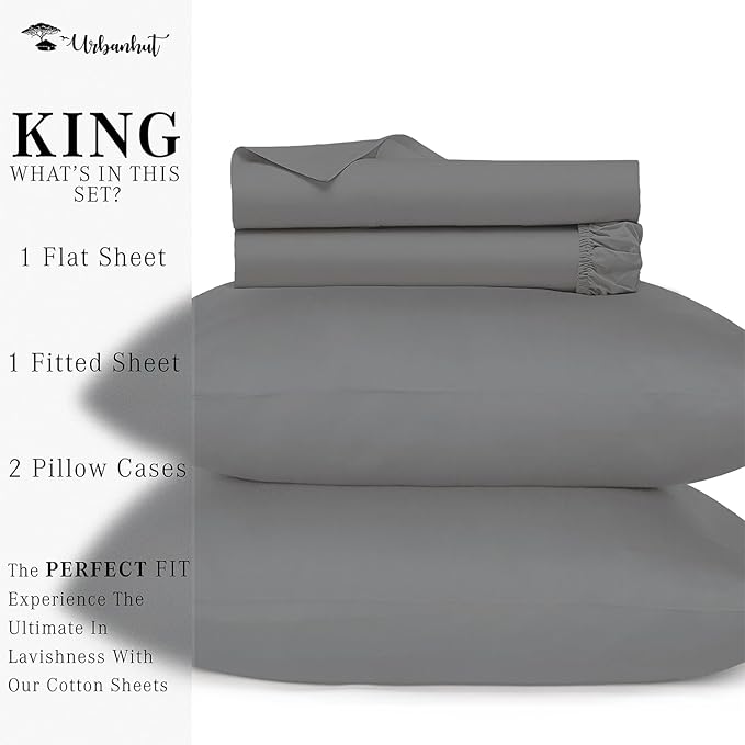 URBANHUT 800 Thread Count 100% Cotton King Size Sheets, Luxury 4 Piece King Bedsheets, Hotel Sheets Sateen Finish - Better Than Egyptian, 16" Elasticized Deep Pocket - Dark Grey