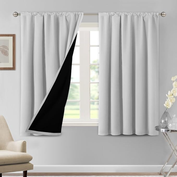 H.VERSAILTEX 100% Blackout Curtains for Bedroom Thermal Insulated Curtains & Drapes Blackout Curtains 54 Inches Long Rod Pocket Curtains for Living Room with Black Liner 2 Panels Set, Greyish White