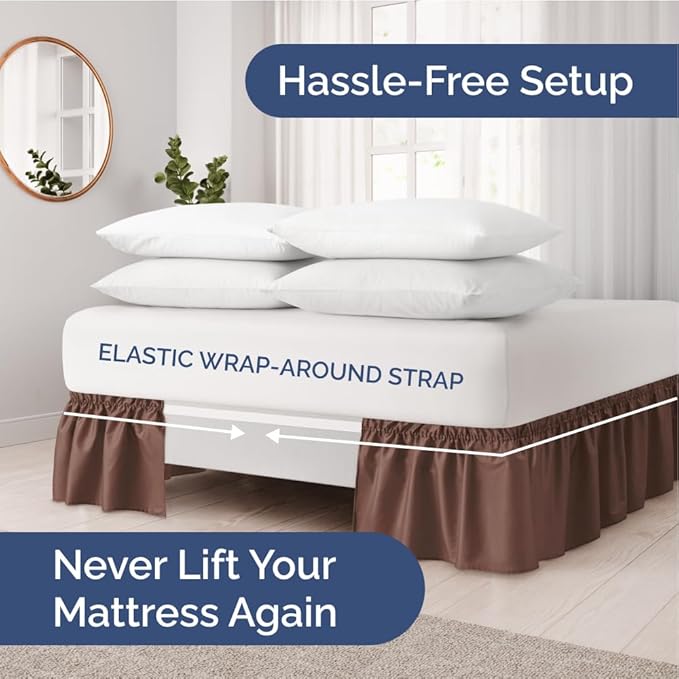 Wrap Around Dust Ruffle Bed Skirt - Brown - for Full Size Beds with 12 Inch Drop - Easy Fit Elastic Strap - Adjustable Pleated Bedskirt w/Brushed Fabric - Wrinkle Free - for Women, Men, Kids & Teens