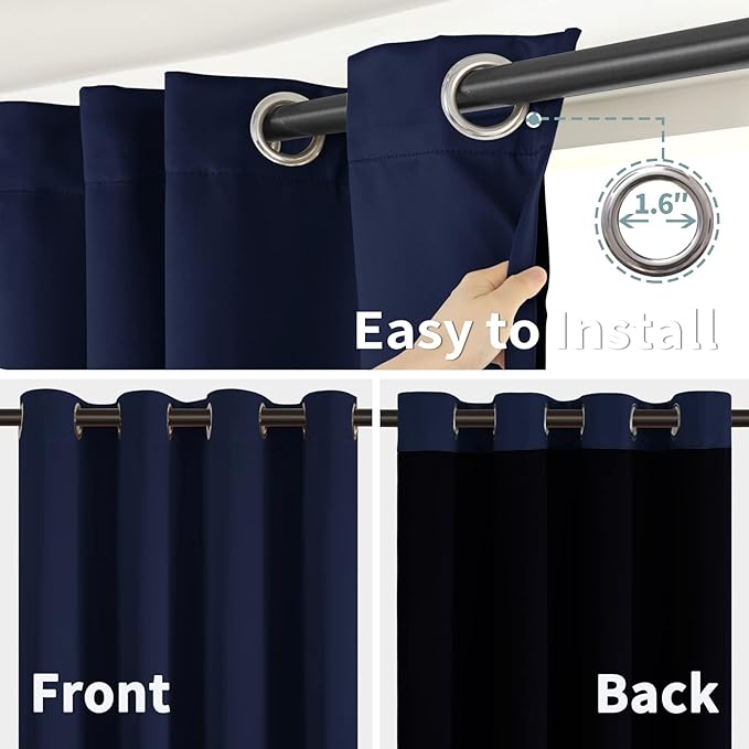 BGment Thermal Insulated 100% Blackout Curtains for Bedroom with Black Liner, Double Layer Full Room Darkening Noise Reducing Grommet Curtain (52 x 63 Inch, Navy Blue, 2 Panels)