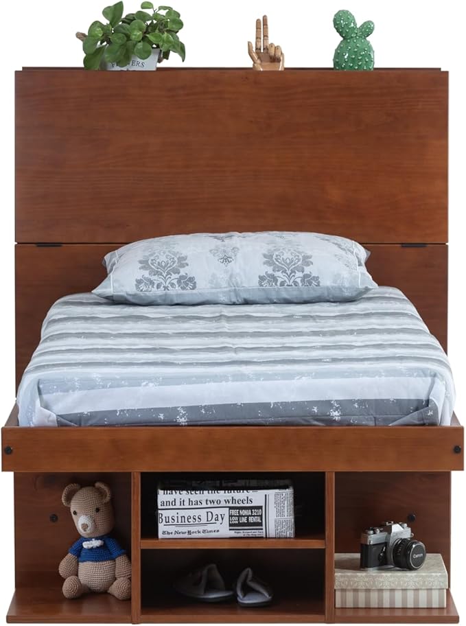 memomad Bali Set: Storage Platform Bed with Drawers + Bookcase Headboard (Twin Size, Caramel Brown Wood)