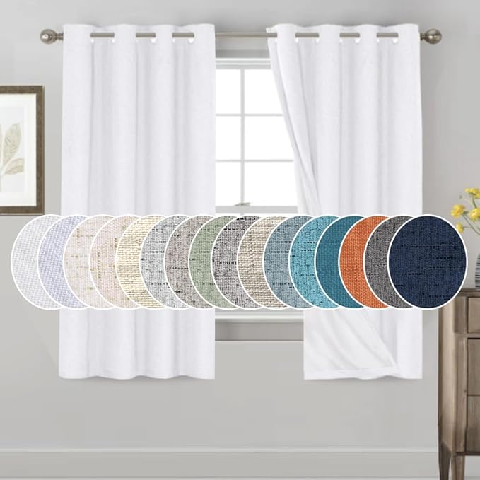 PrinceDeco Pure White Blackout Curtains 63 Inches Long Short Blackout Curtains 2 Panels Sets for Bedroom Living Room Grommet Full Light Blocking Linen Curtains Energy Saving with White Liner