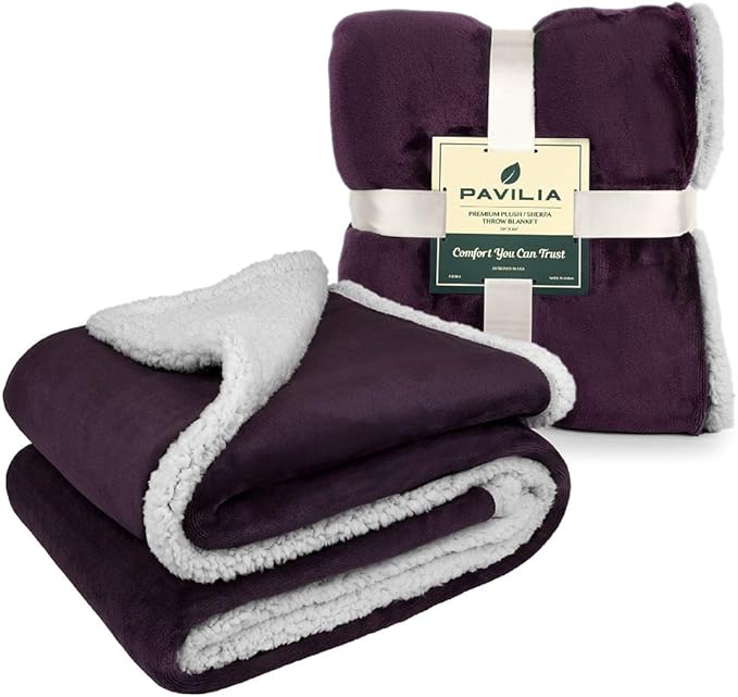 PAVILIA Sherpa Fleece Throw Blanket for Couch, Purple, Plush Soft Fuzzy Sofa Blanket, Cozy Reversible Winter Throw for Women Men, 50x60 Inches