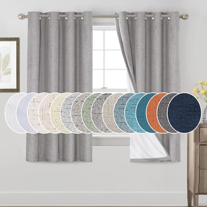 PrinceDeco Blackout Curtains for Bedroom 63 Inches Long 2 Panels Room Darkening Burlap Grommet Drapes for Living Room Thermal Insulated with White Liner Privacy Vertical Window Drapes,Light Grey