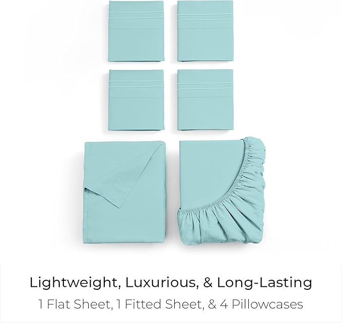 Mellanni Full Sheet Set - 6-Piece Iconic Collection Bedding, (Including 4 Pillowcases), 21-Inch Extra Deep Pocket, Easy Care, Ultra Soft, Cooling Sheets, Brushed Microfiber - Aqua