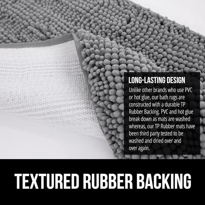 GORILLA GRIP Bathroom Rug Sets 3 Piece, Bath Mat Set and Oval Toilet Base with Rubber Backing, Plush Absorbent Shaggy Chenille Washable Mats, Includes 24x19.5, 24x17 and 30x20 Inch Rugs, Grey