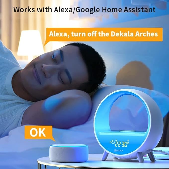 Dekala Arches Gradual Sunrise Alarm Clock with Wireless Charging, Sunset White Noise Sound Machine Loud Sunsire Alarm Clock for Heavy Sleepers Smart Ambient Lamp Sunrise App/Touch Control