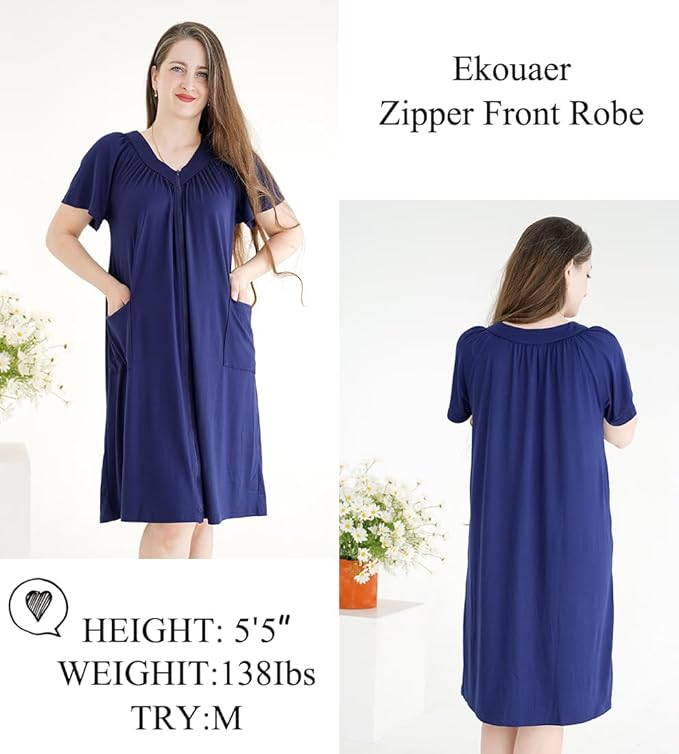 Ekouaer Women Robe Zipper Front Mumu Duster Robes Zip Up Housecoat Soft Sleepwear with Pockets S-3XL