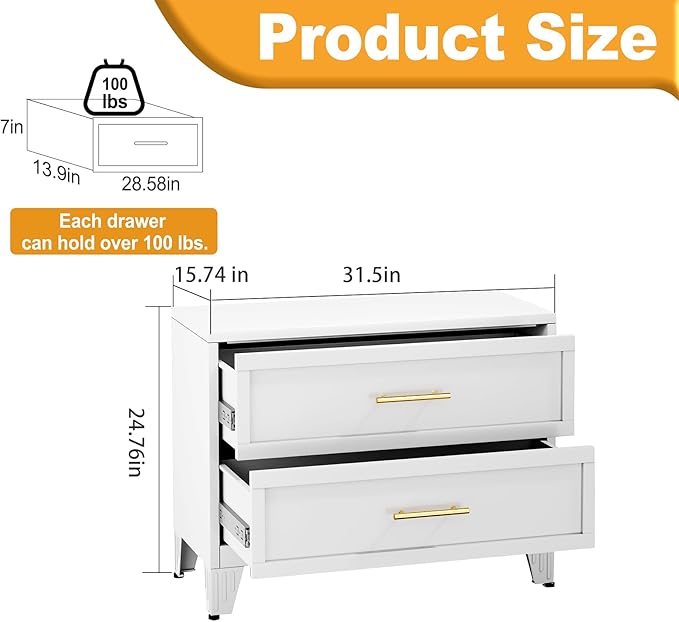 Metal Dressers, White Small Dresser for Bedroom, 24.76" H Dressers & Chests of Drawers, Dresser and Nightstand Sets for Living Room, Entryway, Hallyway (White, 2 Drawers)