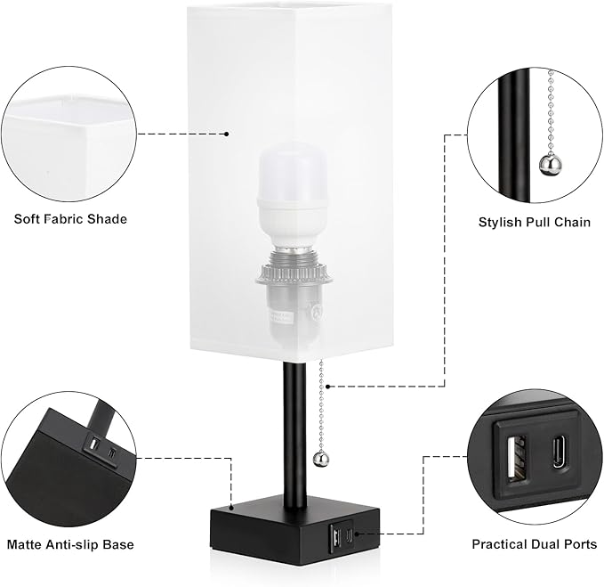 aooshine Bedside Table Lamps Set of 2 - Small White Bedroom Lamps with 3 Color Temperatures (3000K/5000K/4000K), Square Nightstand Lamp with USB C + A Charging Ports, Pull Chain Night Light