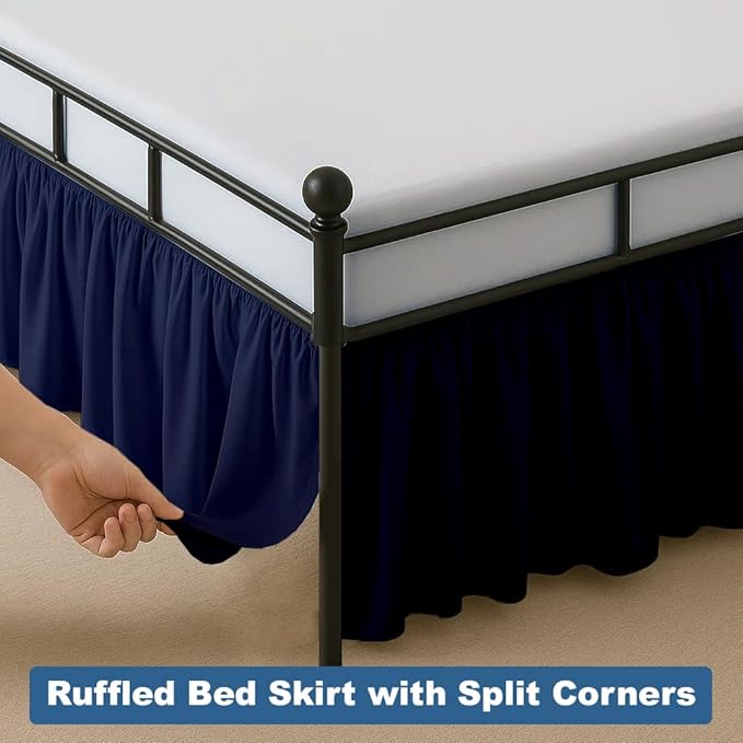 Ruffled Bed Skirt Split Corners with Platform, Tailored Fit Hotel Quality Wrinkle Free Ultra-Soft Microfiber Dust Ruffle, Upto 12 Inch Drop, Full XL, Navy Blue