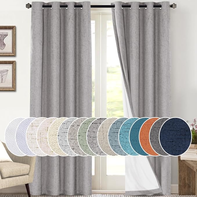 PrinceDeco Light Grey Linen Blackout Curtains for Bedroom 108 Inches Long Thermal Insulated Textured Blackout Curtains 2 Panels Set Extra Long Curtains for Living Room Total Room Darkening Curtains