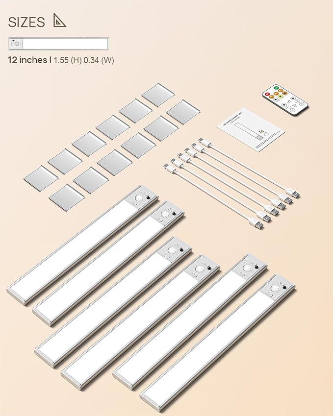 Under Cabinet Lighting with Remote Control,2500mAh USB Rechargeable Motion Sensor Light Indoor,350 Lumen LED Closet Light,3 Color Temps Wireless Under Counter Lights for Bedroom,Wardrobe,Stairs,6 Pack