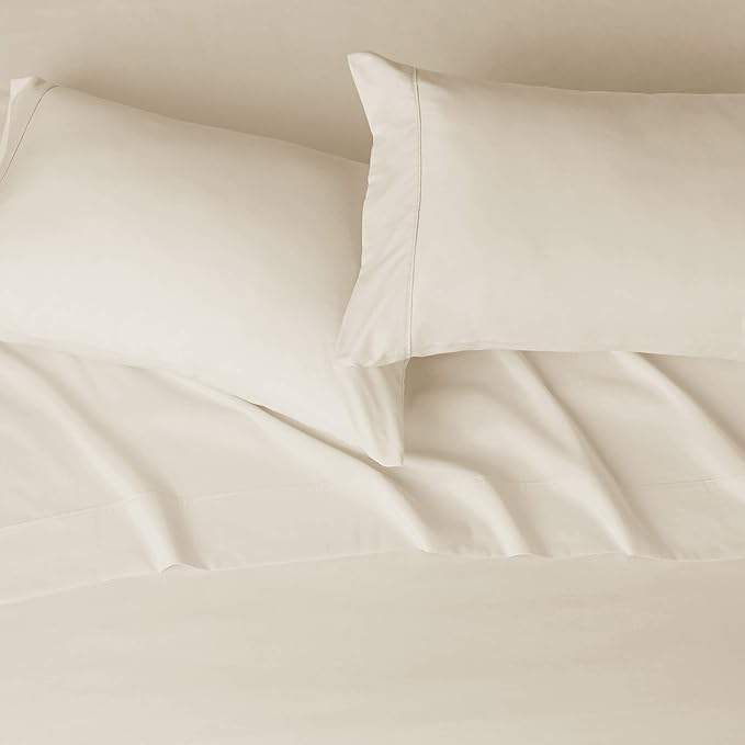 Amazon Basics Lightweight Super Soft, Breathable Easy Care Microfiber 4 Piece Bed Sheet Set with 14-Inch Deep Pockets, Queen, Beige, Solid