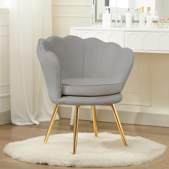 Accent Chairs Set of 2, Velvet Vanity Chair with Back, Mid-Century Modern Small Accent Chair for Living Room, Golden Metal Legs Upholstered Makeup Chair, Bedroom Armchair, Grey