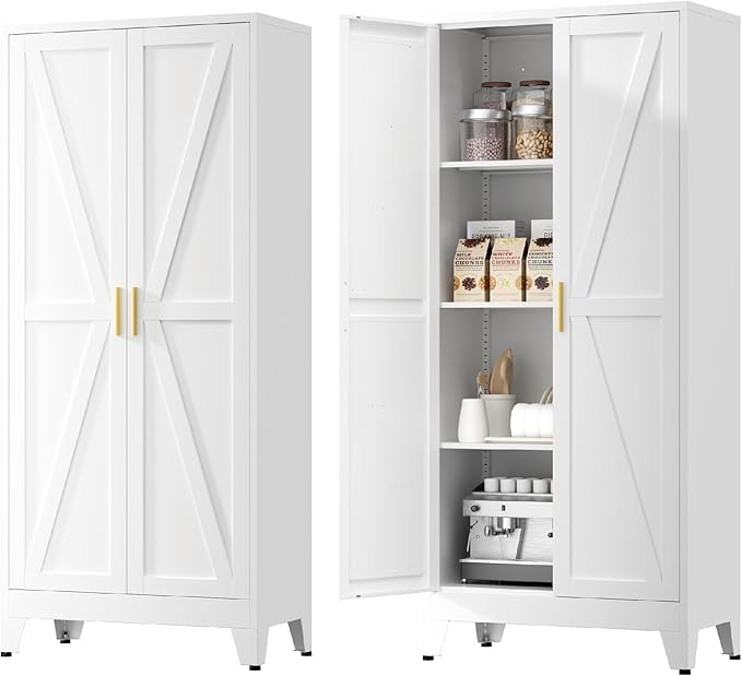 Farmhouse Pantry Cabinet with Barn Doors,61" H x 27.5" W,Metal Cabinet with Adjustable Shelves,4-Tier Storage Cabinet for Kitchen Dining Room Garage,White