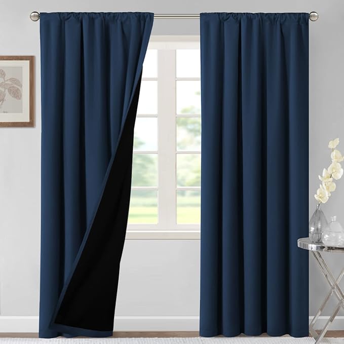 H.VERSAILTEX 100% Blackout Curtains for Bedroom Thermal Insulated Blackout Curtains for Living Room 84 Inches Long Rod Pocket Curtains with Black Liner 2 Panels Set, Navy