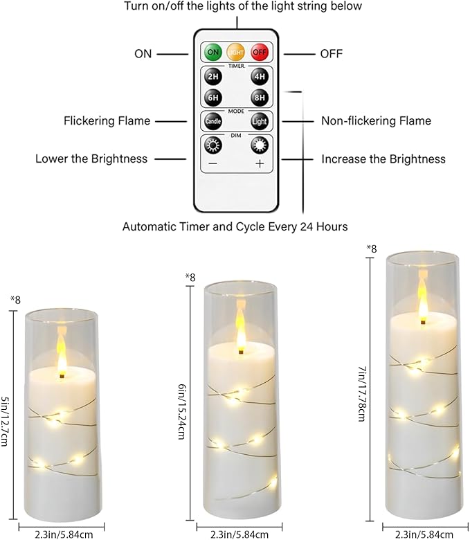 Flameless LED Candles with Timer 24 Pc Flickering Flameless Candles for Romantic Ambiance and Home Decoration Stable Acrylic Shell,with Embedded Star String，Battery Operated Candles（White）