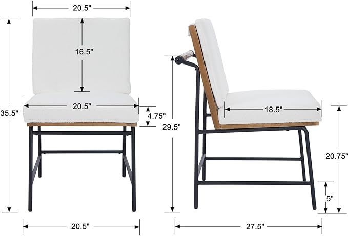 Modern Dining Chairs Set of 2, Comfy Sherpa Fabric Armless Upholstered Side Chairs with Wooden Backrest Black Metal Legs for Dining Room Living Room, White